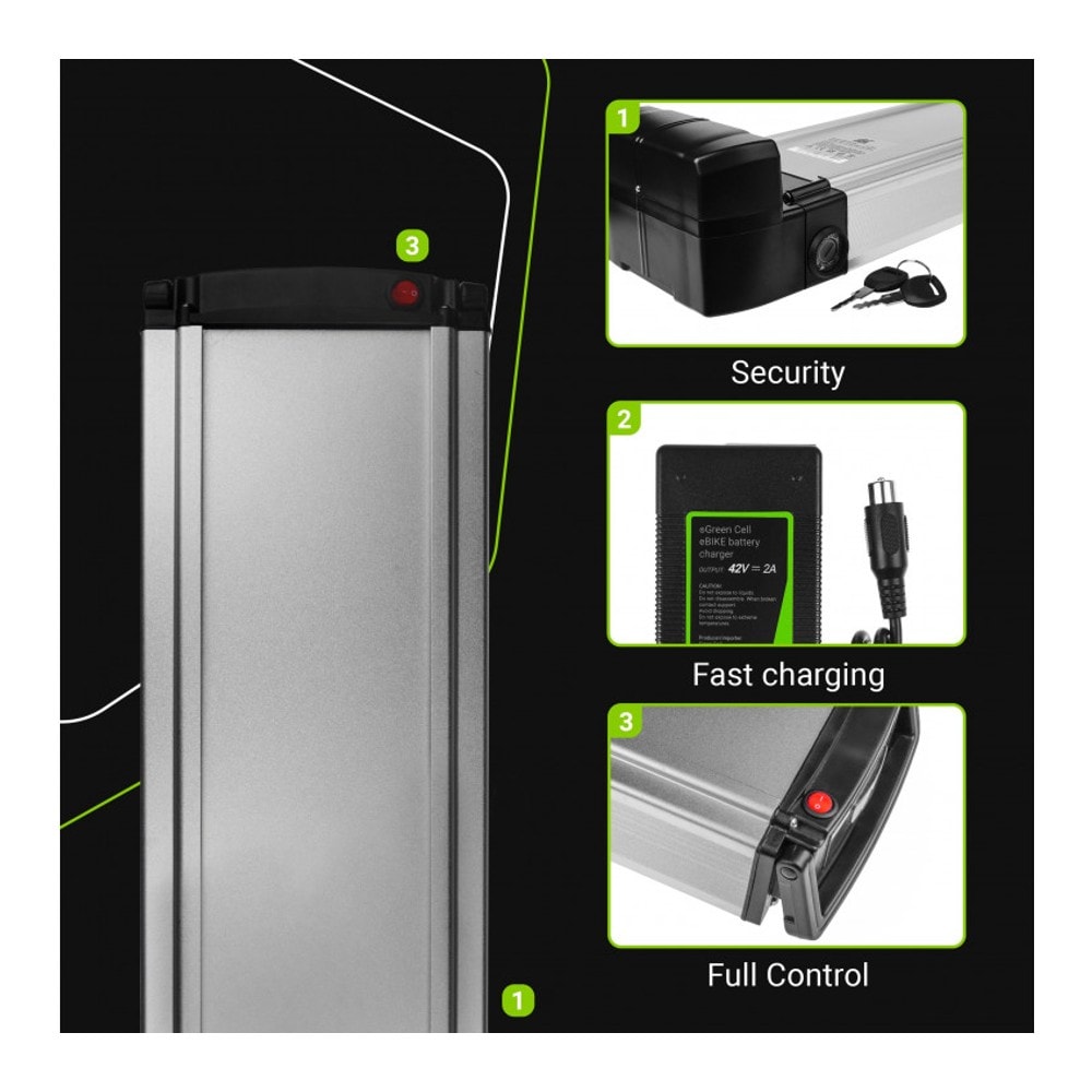 Green Cell elcykelbatteri till pakethållaren 36V 12Ah 375x150x85mm med laddare - RCA