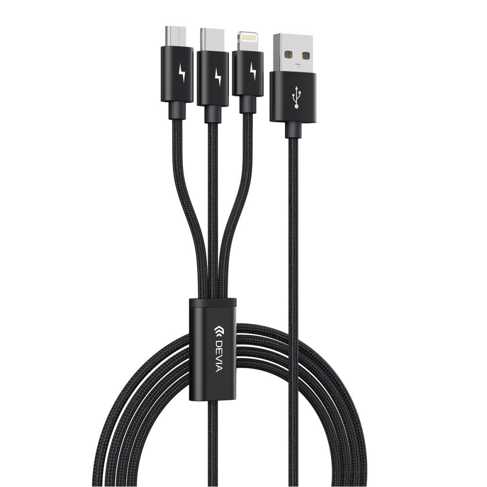 Devia 3i1 USB - Lightning + USB-C + microUSB 1,2 m 3A - svart