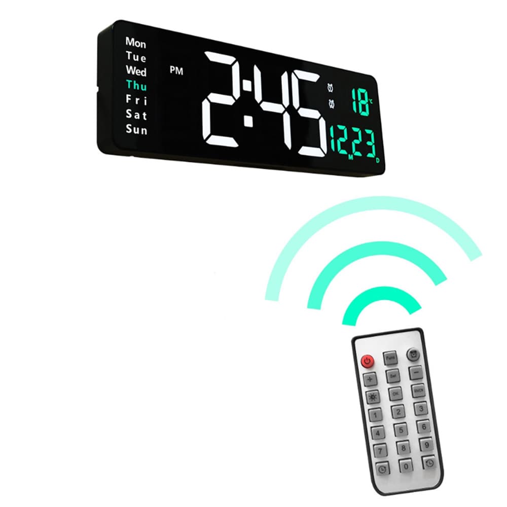 Stor digital väggklocka 38 cm – med temperatur, datum och fjärrkontroll