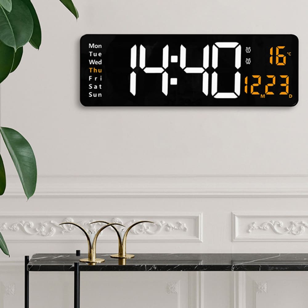 Stor digital väggklocka 38 cm – med temperatur, datum och fjärrkontroll