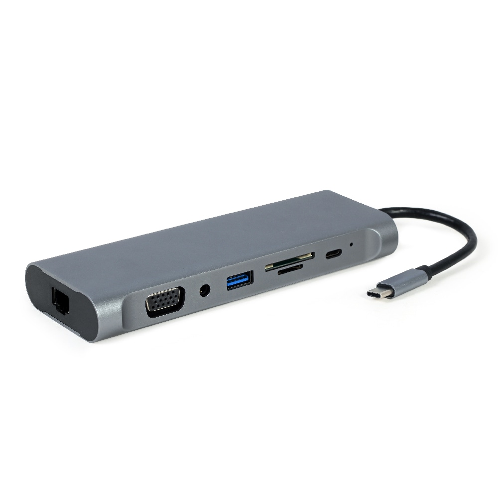 Cablexpert USB-C Dockningsstation 8-i-1 med 4xUSB, HDMI, DisplayPort, VGA, PD, Micro-SD/SD, RJ45, 3.5mm