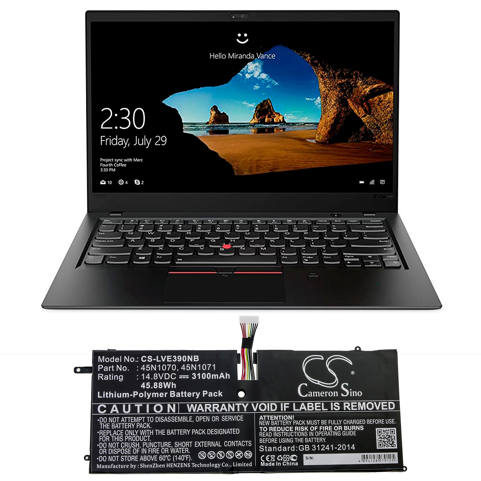 Batteri till Notebook, Bärbar dator för Lenovo ThinkPad X1 Carbon 3460-22U m.fl.