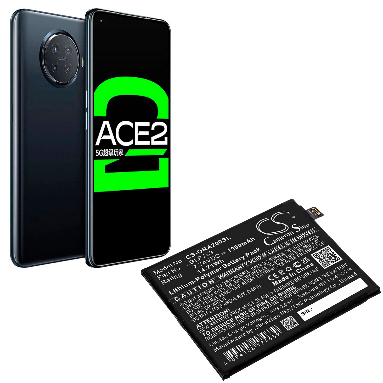 Batteri till SmartPhone, Mobil för OPPO Reno Ace2, Ace2 2020, PDHM00