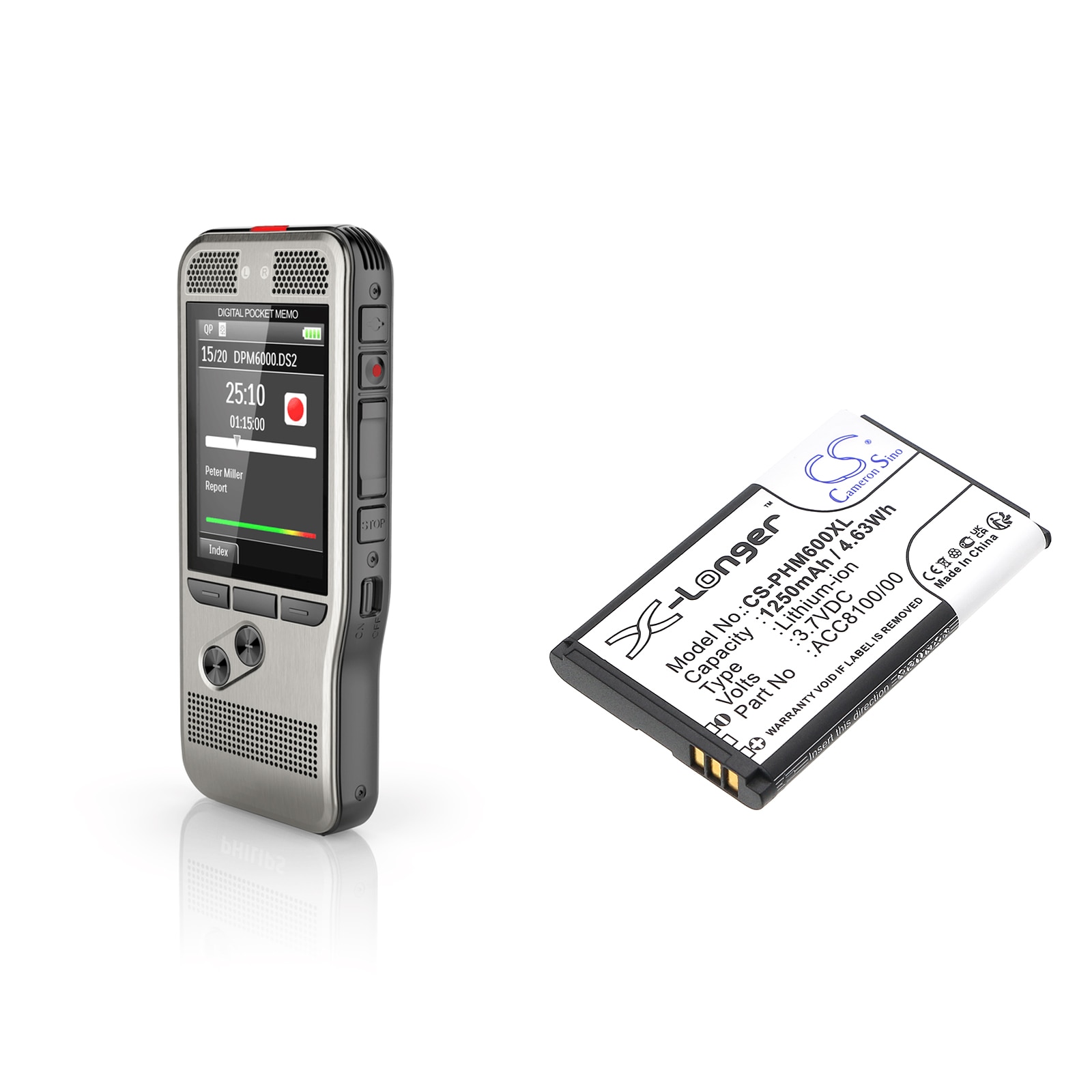 Batteri till Inspelare för Philips Pocket Memo DPM6000, Pocket Memo DPM7000 m.fl.