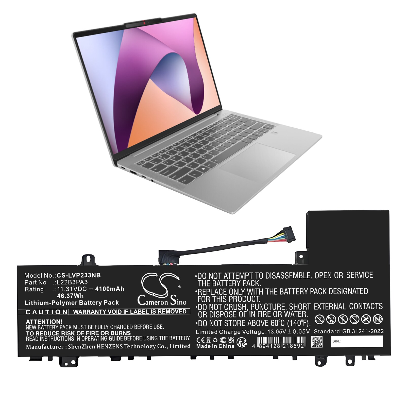 Batteri till Notebook, Bärbar dator för Lenovo IdeaPad Slim 5 14ABR8 82XE0001RK m.fl.