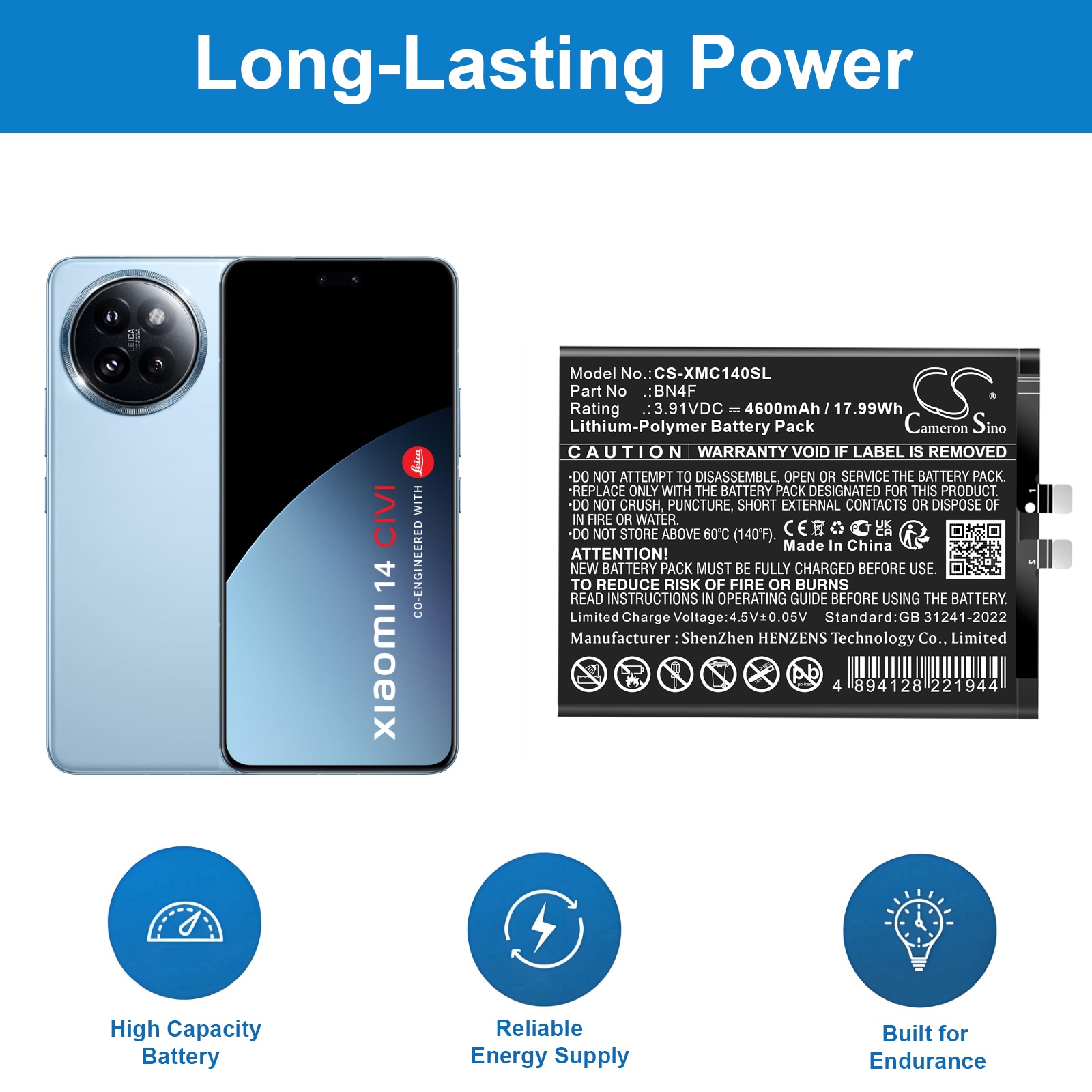 Batteri till SmartPhone, Mobil för Xiaomi 14 CIVI, 24053PY09C, 24053PY09I m.fl.