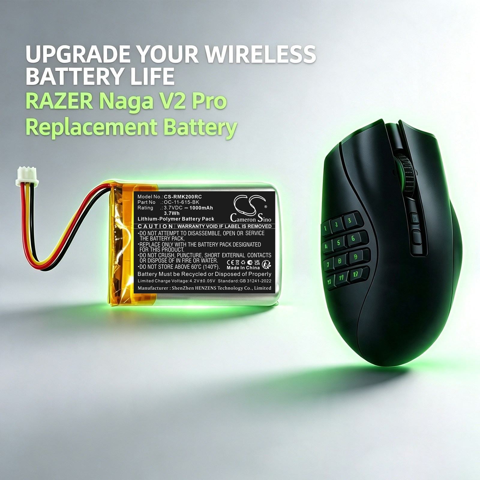 Batteri till mus, Tangentbord för RAZER Naga V2 Pro,  Kain 202 Wireless Gaming Mouse
