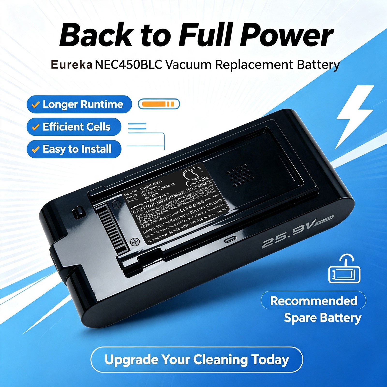 Batteri till Vakuum för Eureka NEC450BLC, ReactiSense 450 Cordless Stick Vacuum