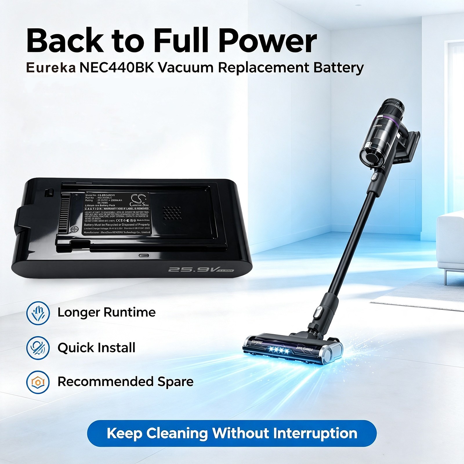 Batteri till Vakuum för Eureka NEC440BK, ReactiSense 440 Cordless Stick Vacuum