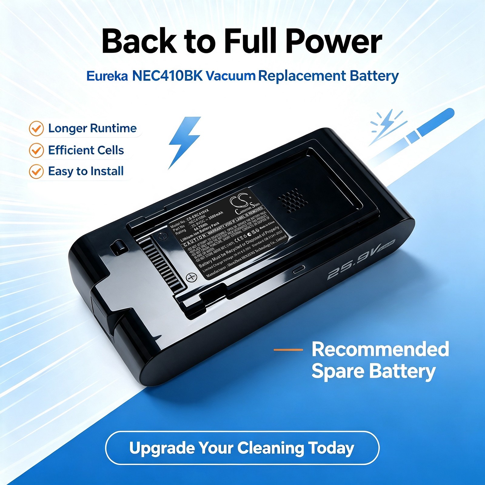 Batteri till Vakuum för Eureka NEC410BKC, ReactiClean 410 Stick Vacuum
