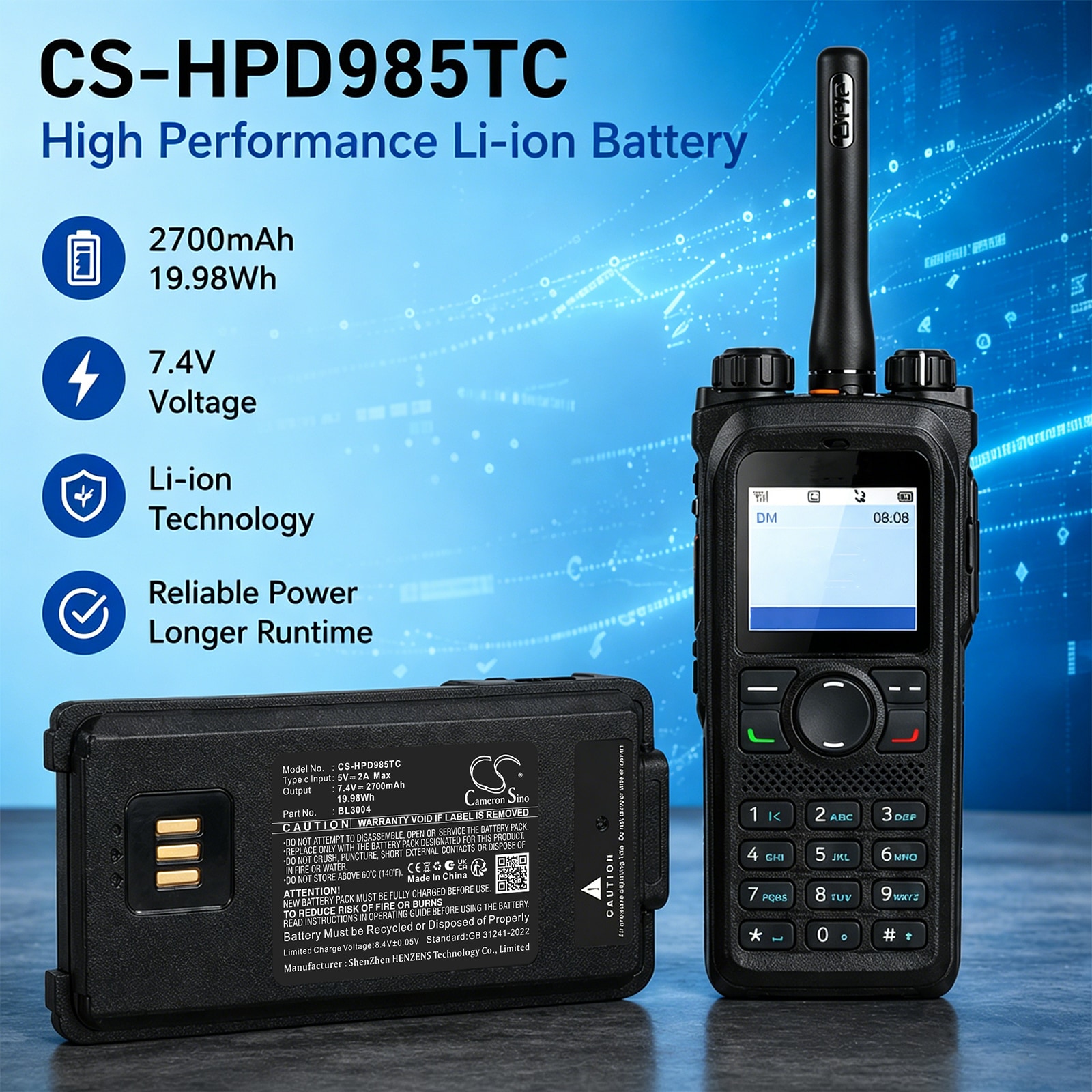 Batteri till Komradio för Hytera PD980, PD980, PD985 m.fl.