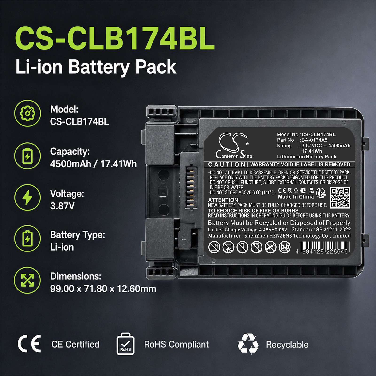 Batteri till Streckkodsläsare för CipherLAB R25, RS38, RS38WO