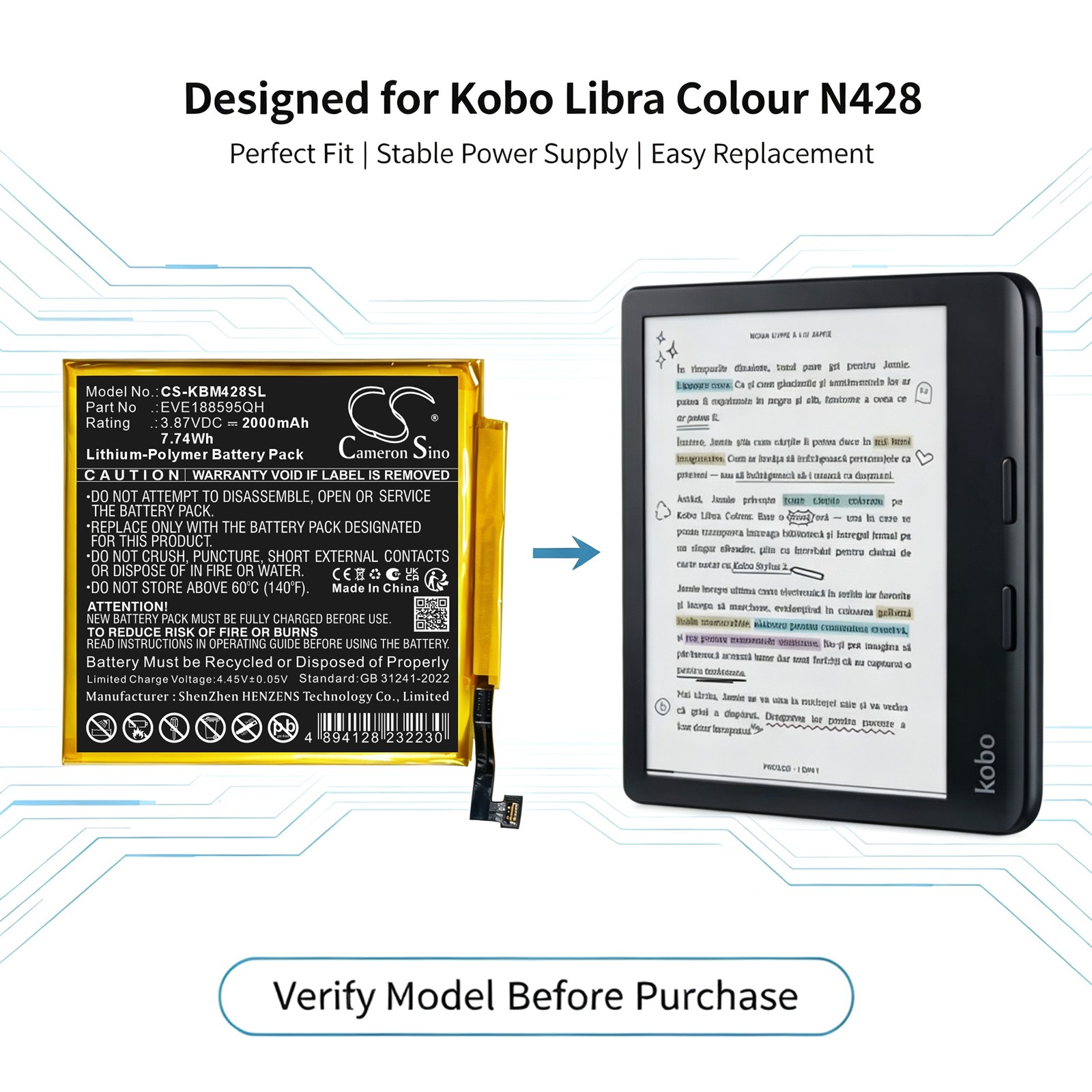 Batteri till E-bok, e-läsare för Kobo Libra Colour, N428