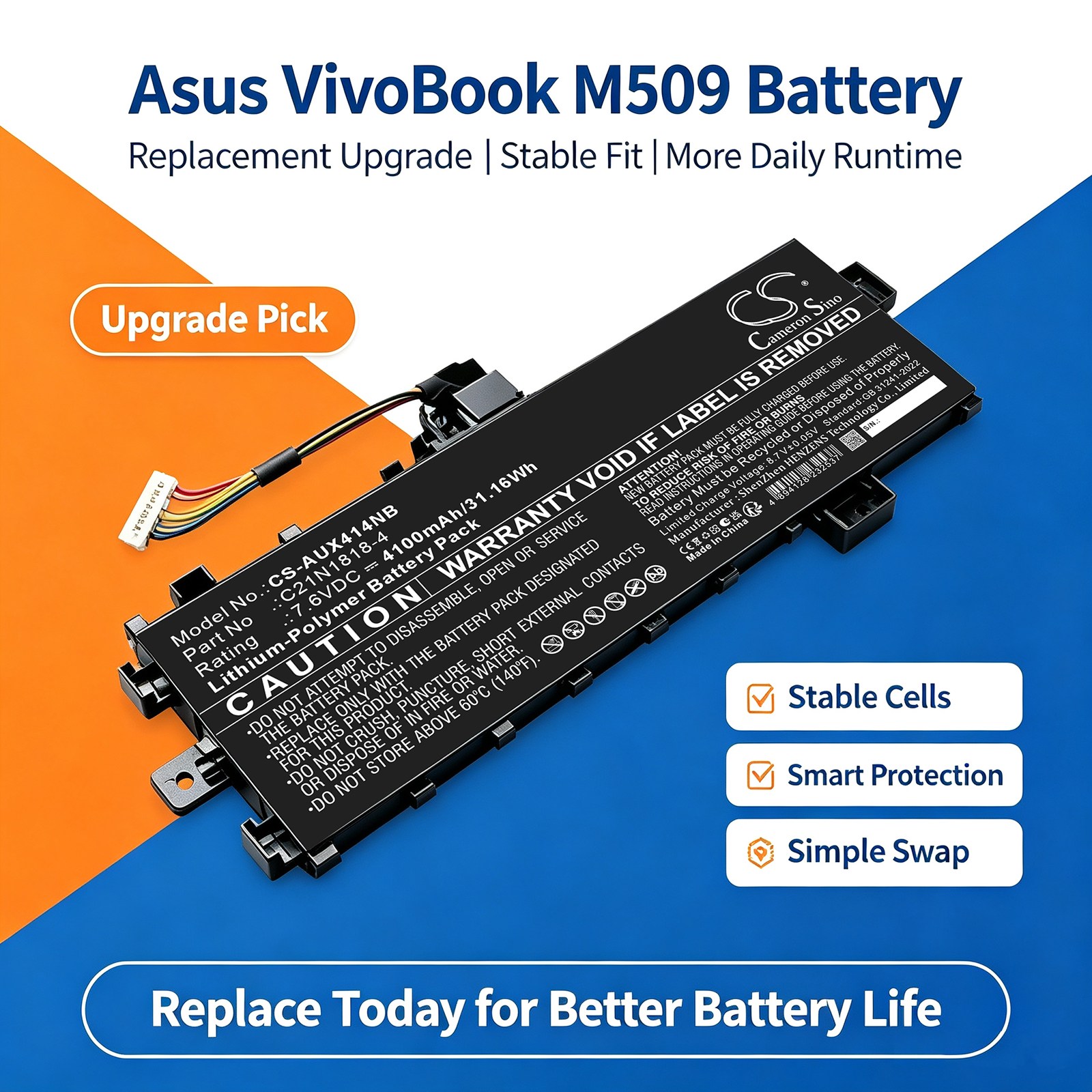 Batteri till Laptop, Bärbar dator för Asus VivoBook M509DA-EJ025T m.fl.