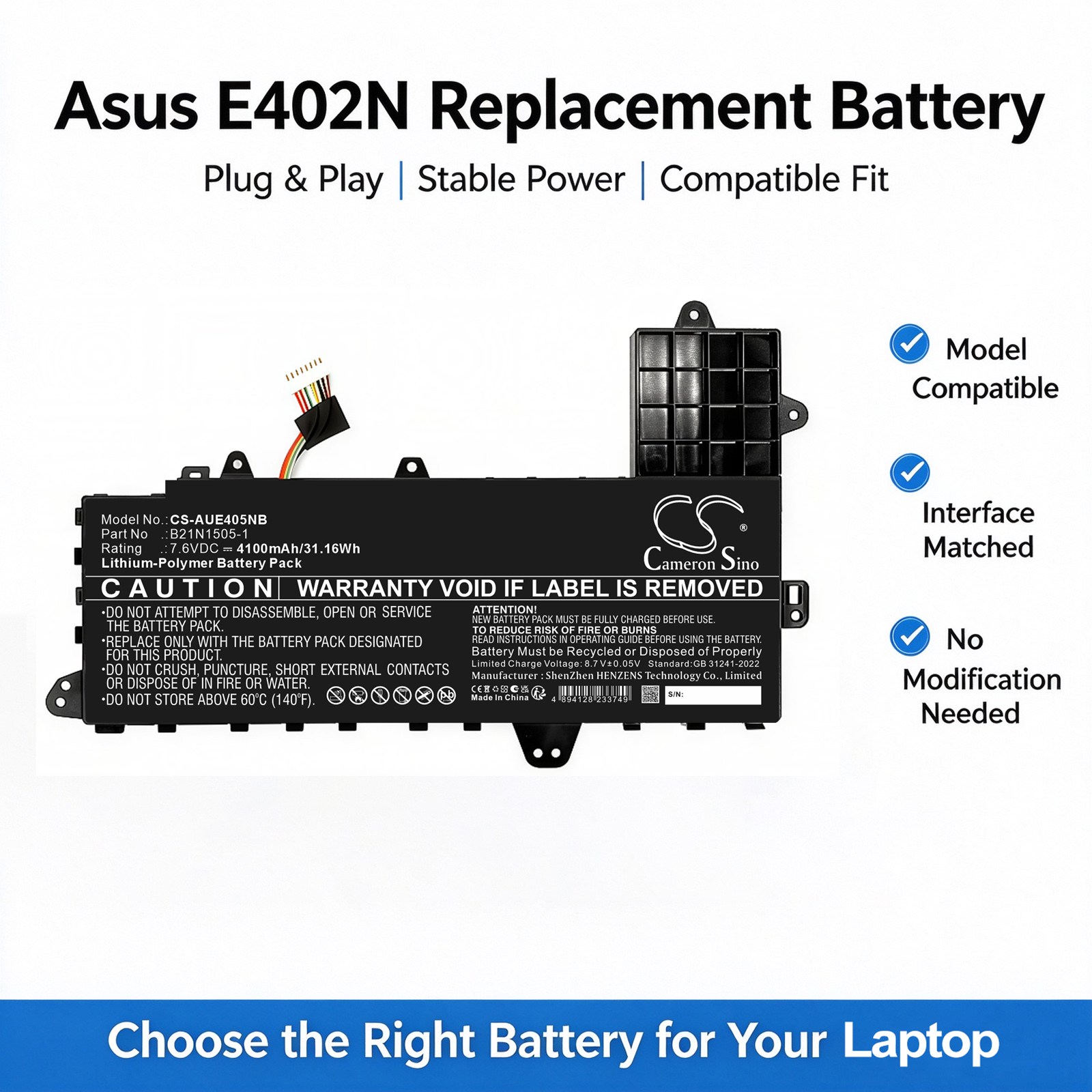 Batteri till Laptop, Bärbar dator för Asus E402N, E402S, E502S m.fl.