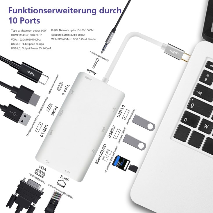 helos Dockingstation USB 3.1 Type-C till HDMI/VGA/USB/LAN/AUDIO/SD (Premium)