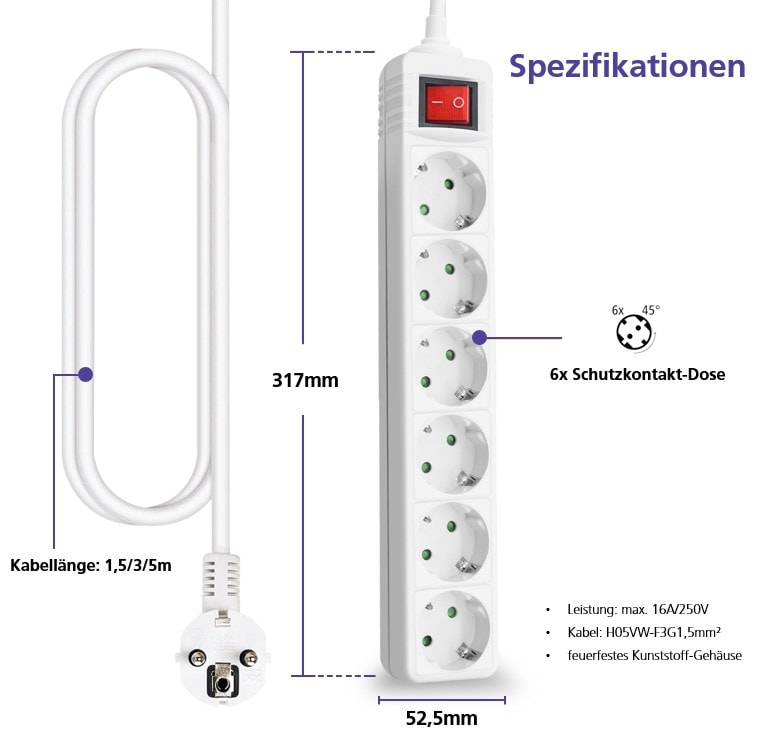 helos Steckdosenleiste CLASSIC, 3, med strömbrytare, 6‑fack, 0 m