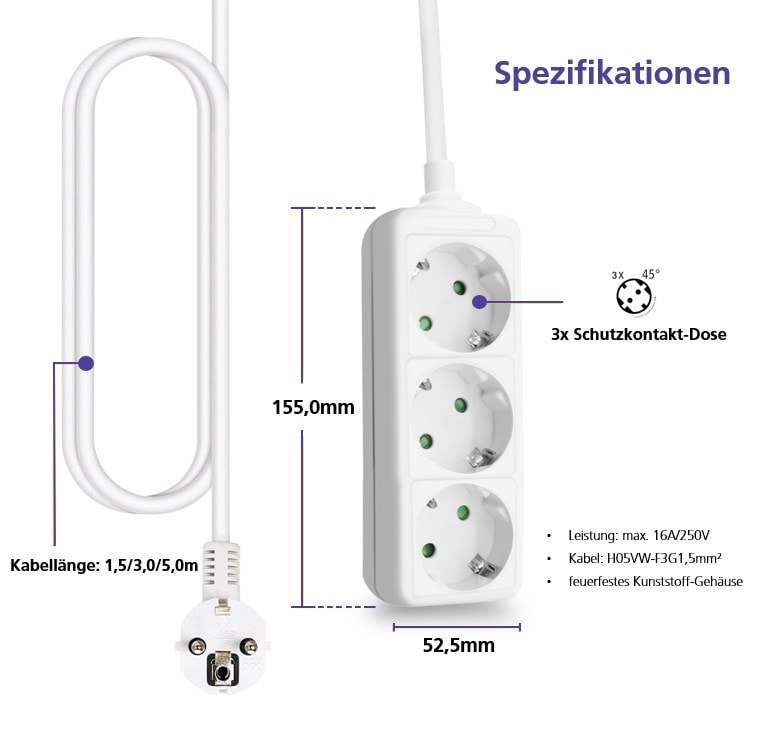 3, helos stikkontaktlist CLASSIC, hvit, 3-veis, 0 m, uten bryter