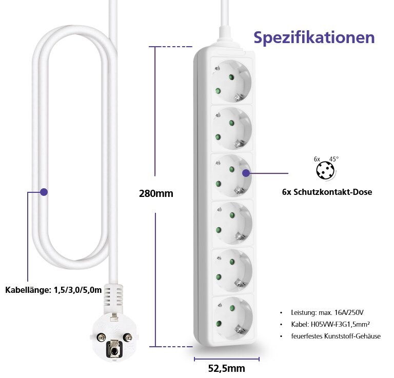 helos Steckdosenleiste CLASSIC, 6-vägs, vit, 5,0 m, utan strömbrytare