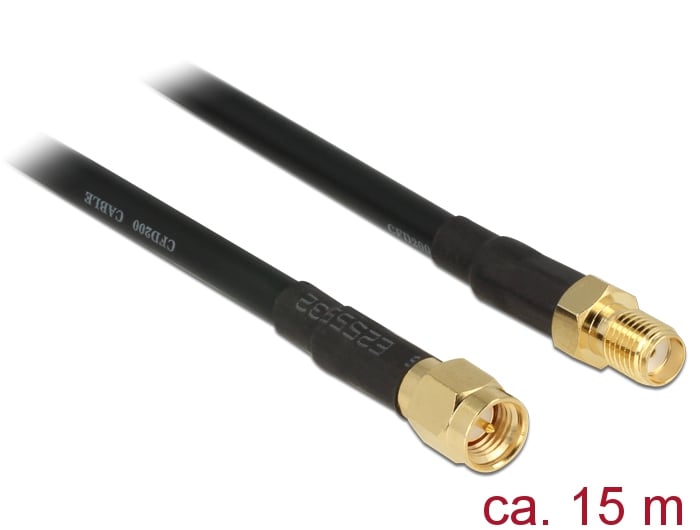 Delock antennkabel SMA hane till SMA hona CFD/RF200 15 m låg dämpning
