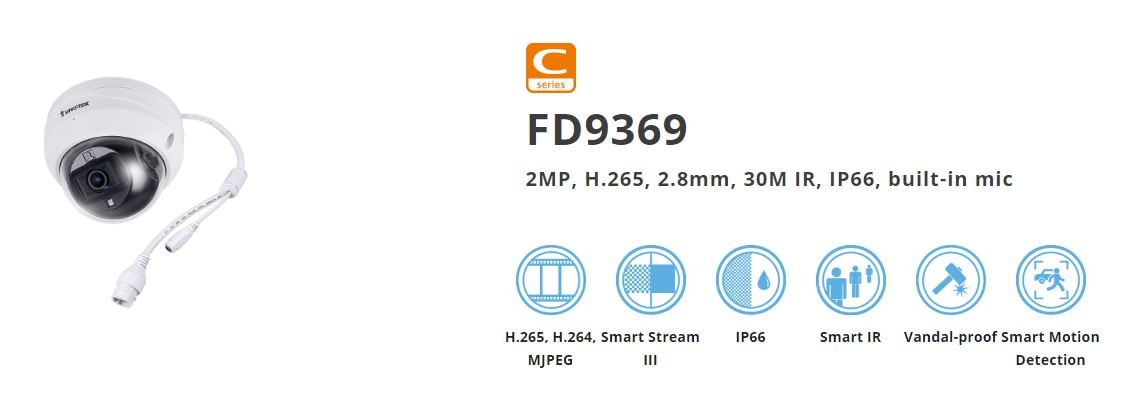 VIVOTEK C-serie FD9369 fast dome IP-kamera 2 MP för utomhusbruk med IR, PoE, 2,8 mm, IP66