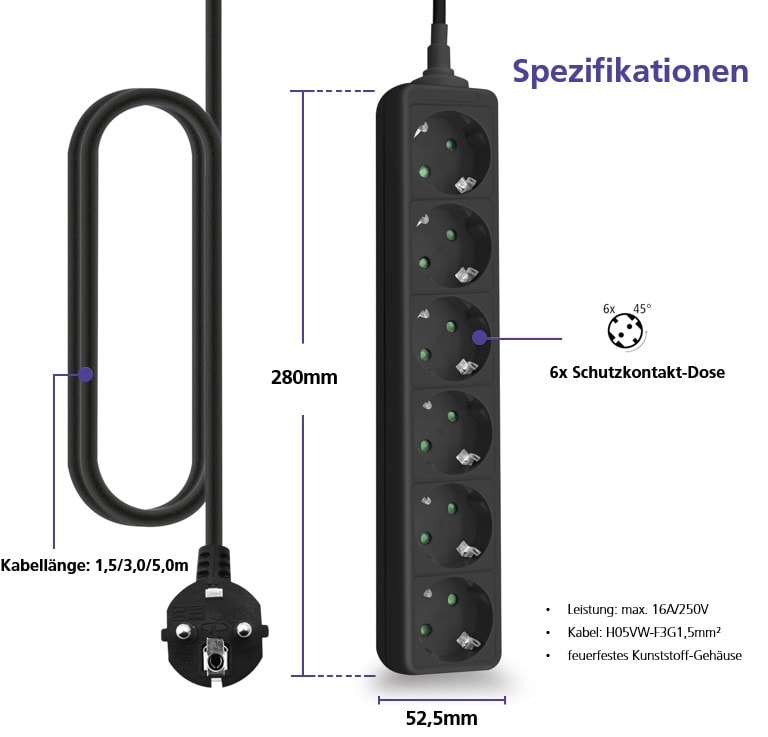 helos Steckdosenleiste CLASSIC, 6-fach, 3,0 m, ohne Schalter