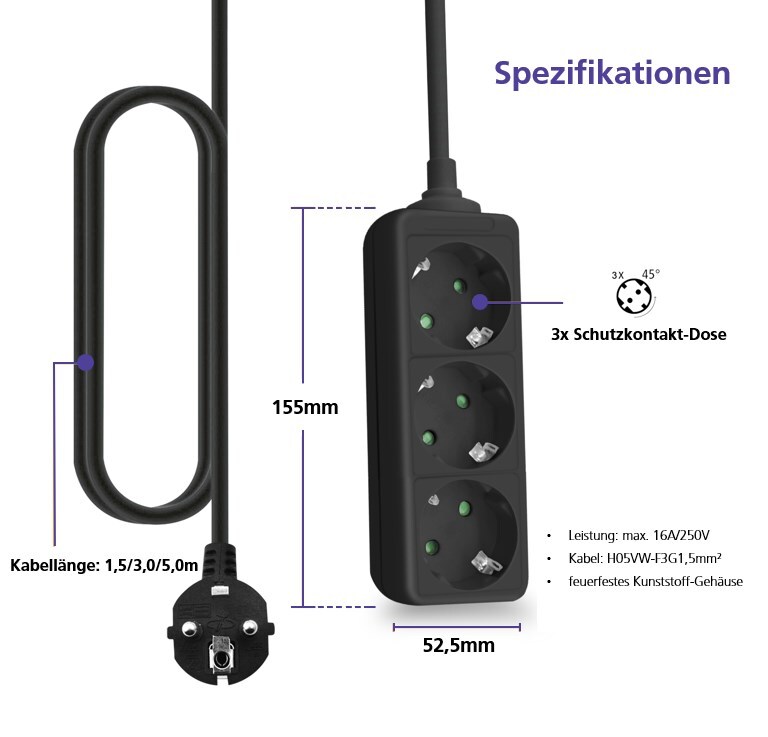 helos Steckdosenleiste CLASSIC, 3-fach, 5,0 m, utan strömbrytare