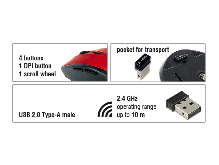 Delock ergonomisk optisk mus, 5 knappar, 2,4 GHz trådlös