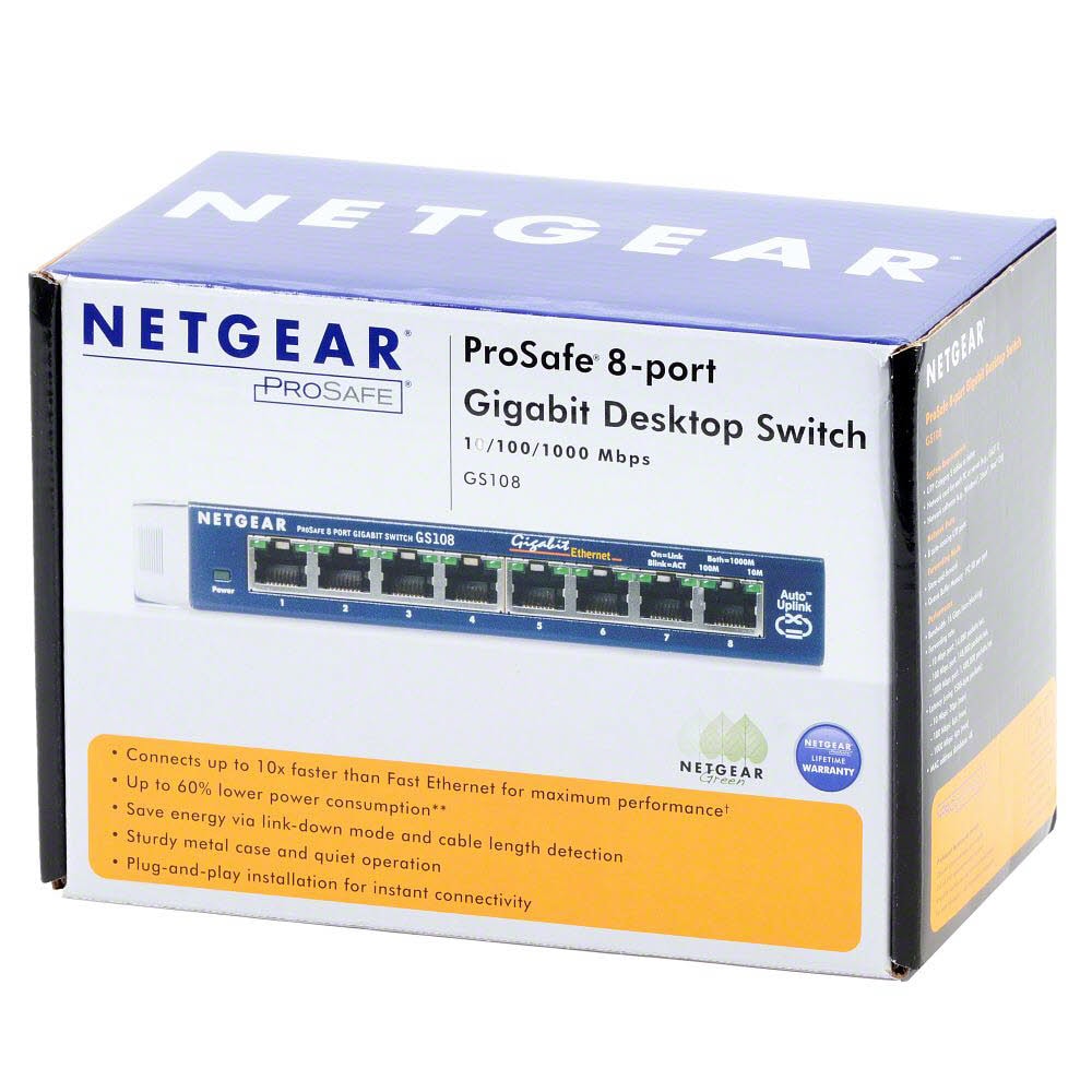 Netgear GS108GE switch 8-portars gigabit för skrivbord, fläktlös