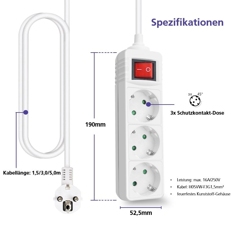 helos Steckdosenleiste CLASSIC, 3-fack, 1,5 m, med strömbrytare
