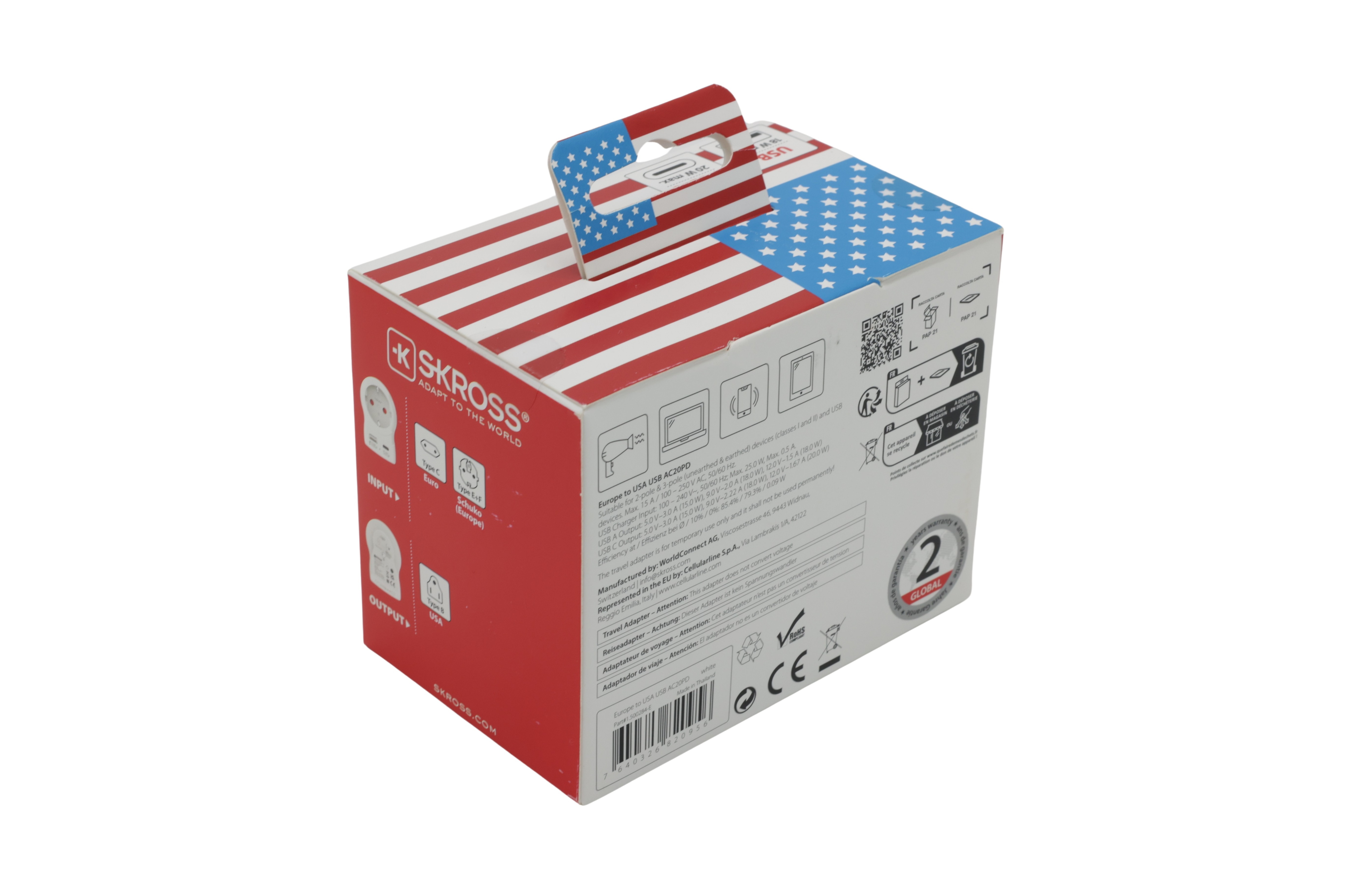 SKROSS landadapter Europa till USA med USB (AC20PD)