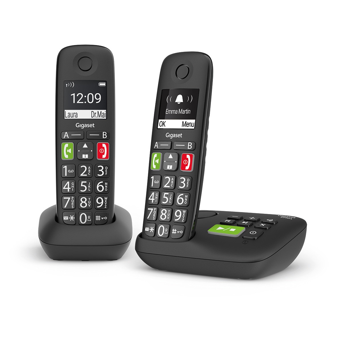 Gigaset E290A Duo stort trådlöst telefonset med telefonsvarare – svart