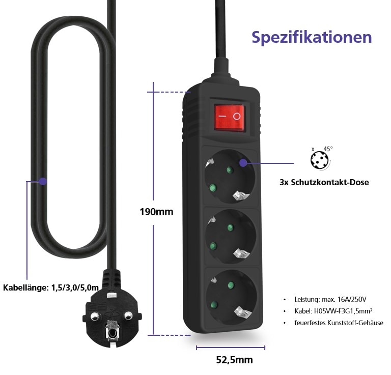 helos Steckdosenleiste CLASSIC, 3-fach, 5,0 m, mit Schalter