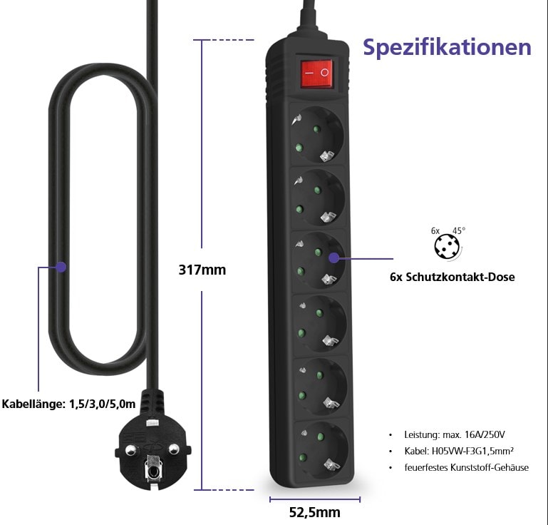 helos Steckdosenleiste CLASSIC, 6-fach, 3,0 m, mit Schalter