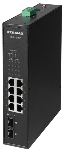 Edimax industriell 10-portars Gigabit PoE DIN-skeneswitch med 2 SFP-portar