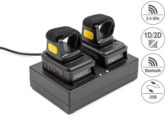 Delock ringstreckkodscanner 1D/2D med 2,4 GHz eller Bluetooth (2-pack) med laddstation