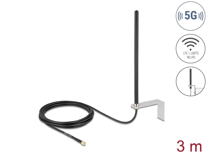 Delock 5G/LTE-antenn med SMA-hane, 3–5 dBi, rundstrålande, med anslutningskabel