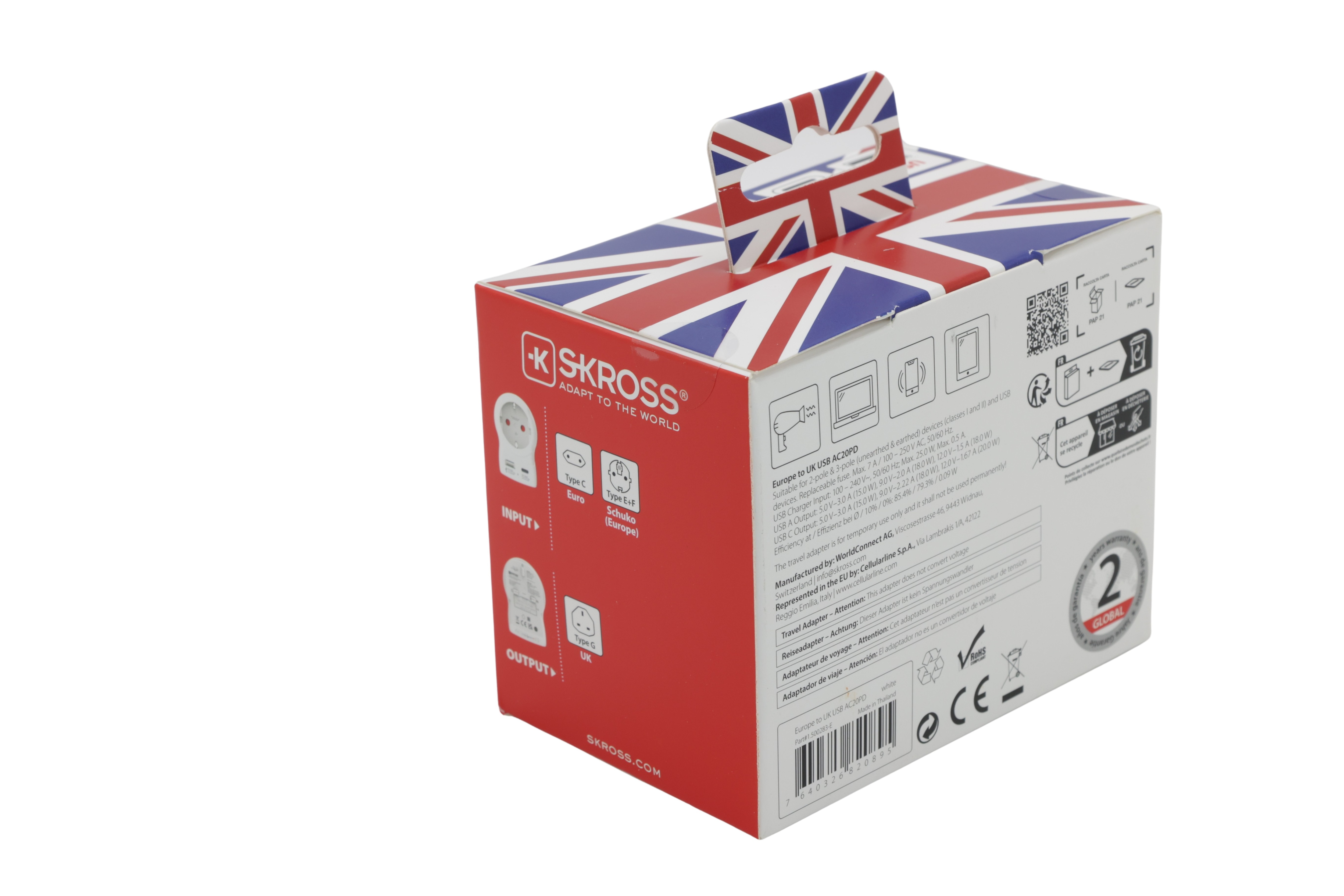 SKROSS landadapter Europa till UK USB AC20PD vit