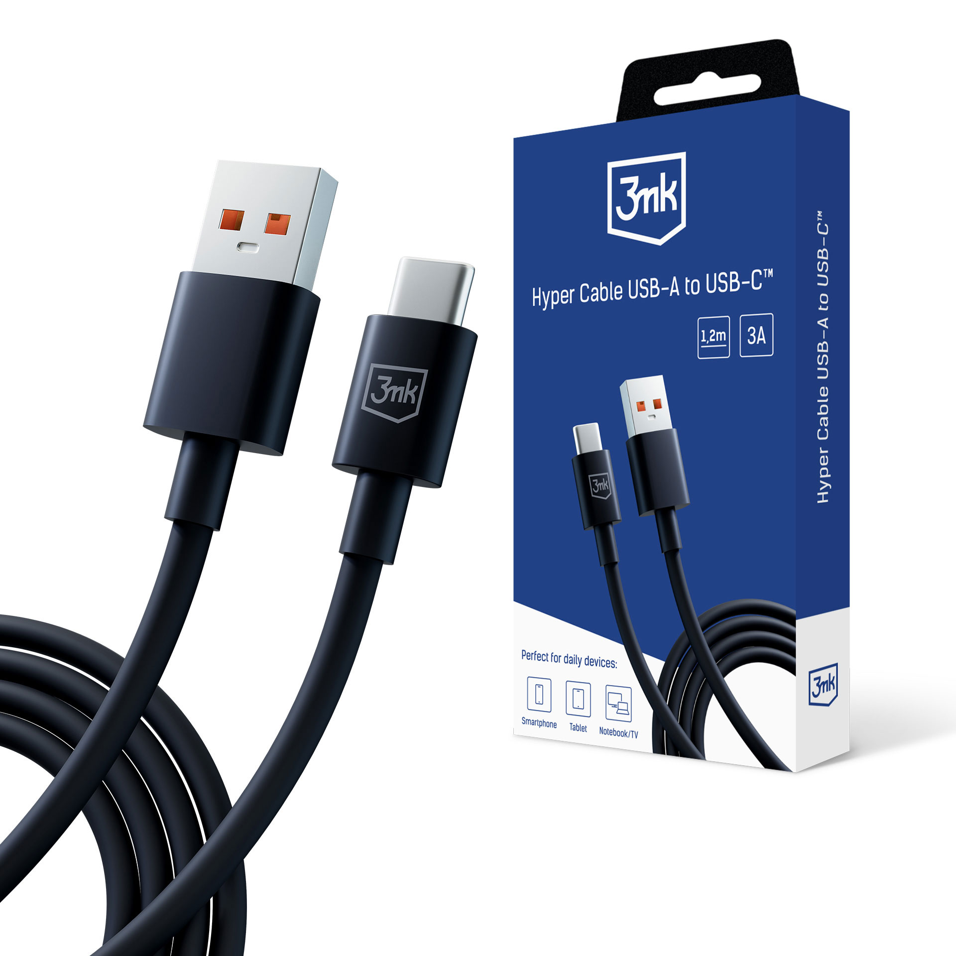 3mk Hyper Cable USB-A / USB-C 1,2 m 5A - svart