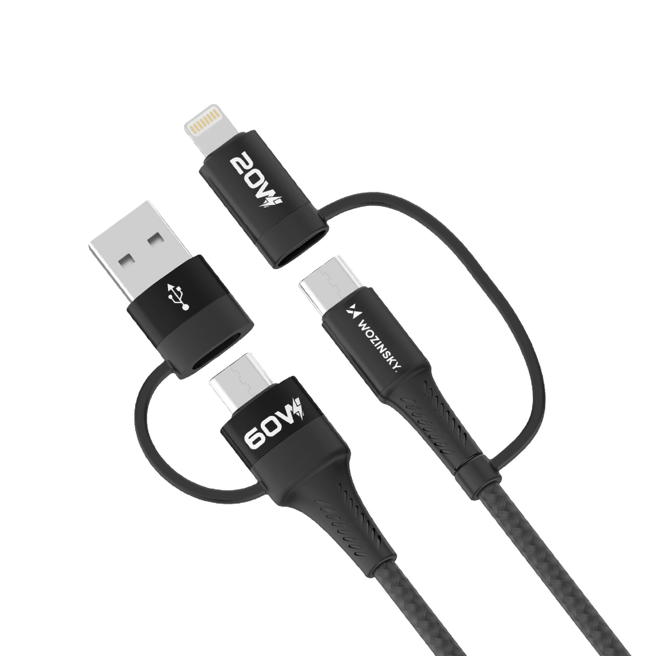 Wozinsky WNBAA 4in1-kabel 2x USB-C 1x USB-A 1x Lightning 60W 1 m - svart