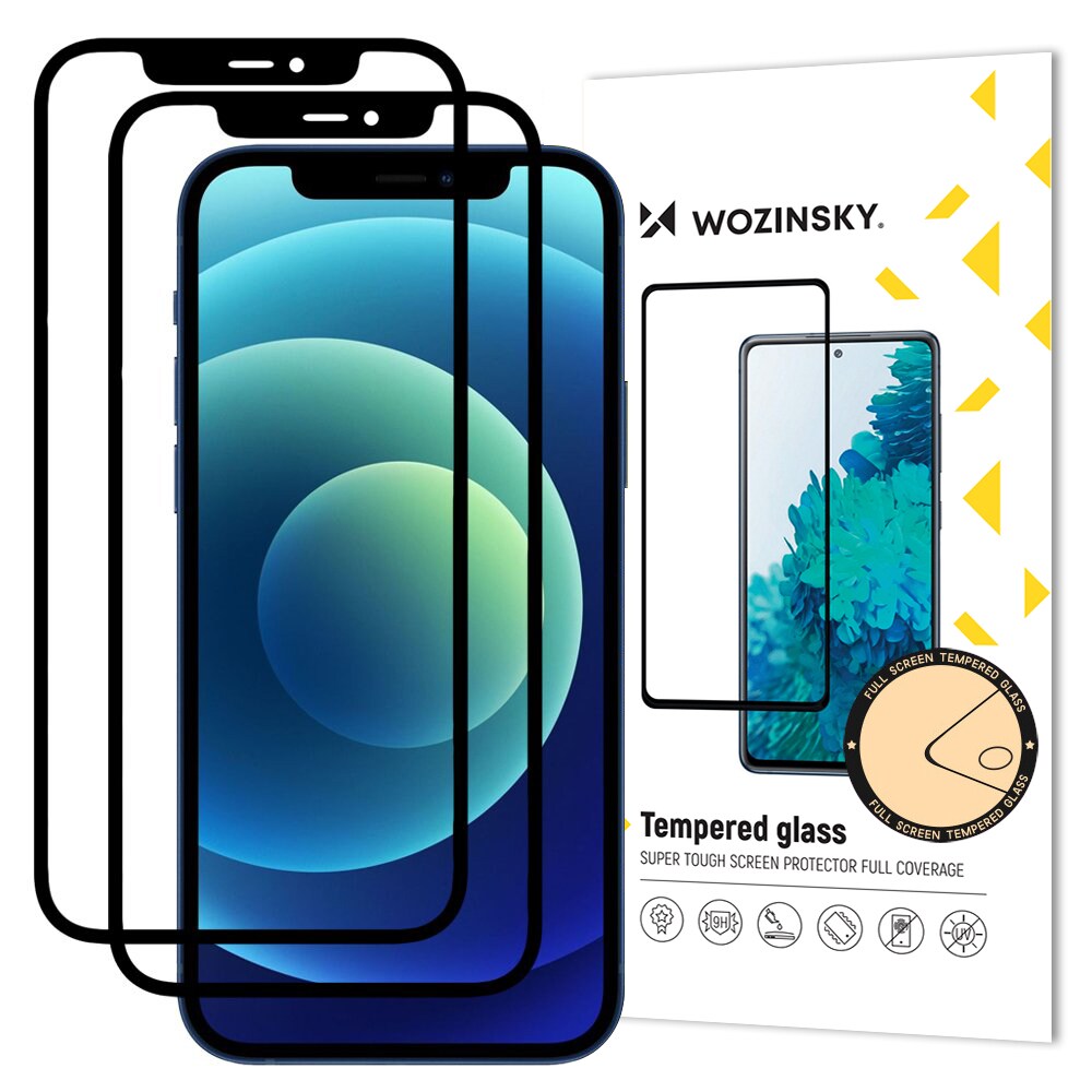 Wozinsky 2x härdat glas Super tufft skärmskydd för iPhone 12 Pro/12, helt täckt med ram, svart