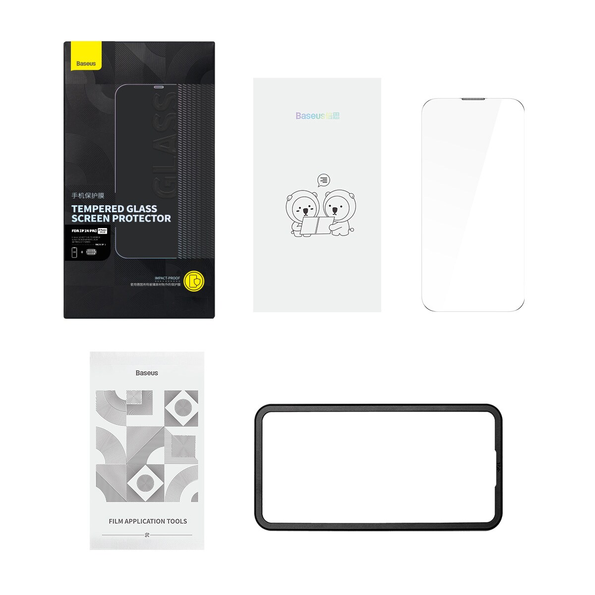 Baseus Härdat glas för helskärm för iPhone 14 Pro med högtalarskydd 0,3 mm + monteringsram