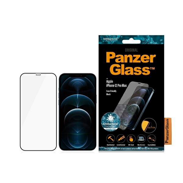 PanzerGlass E2E Super+ antibakteriellt härdat glas för iPhone 12 Pro Max - svart ram