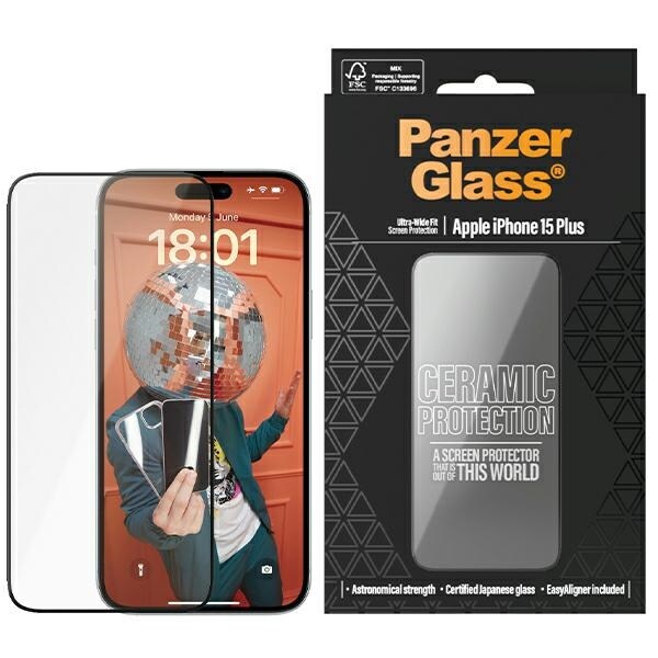 PanzerGlass Keramiskt skyddsglas för iPhone 15 Plus med lägesställare