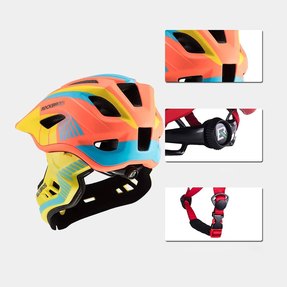 Rockbros TT-32SOYB-M barnesykkelhjelm med avtakbart hakestykke, størrelse M - gul-oransje
