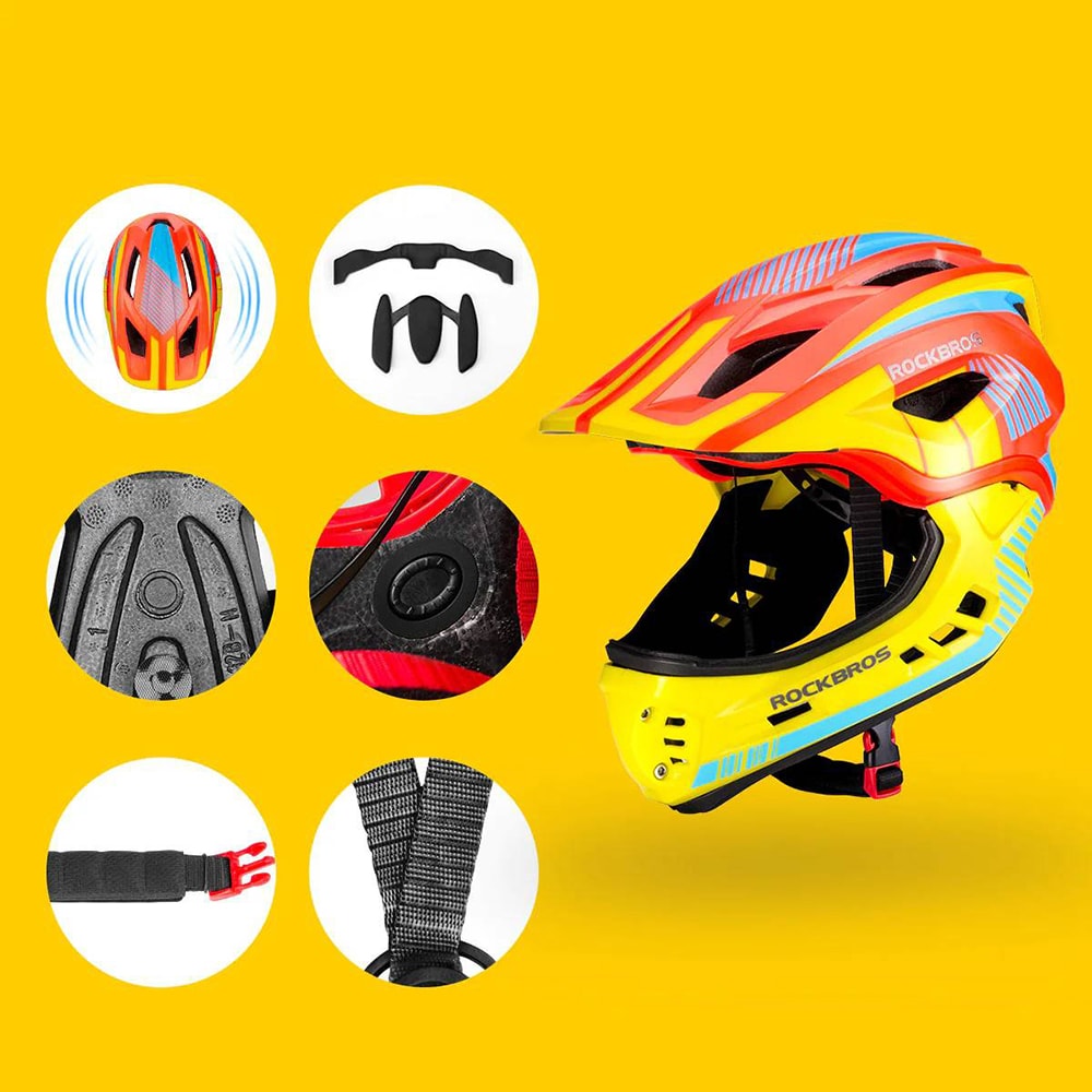 Rockbros TT-32SOYB-M barnesykkelhjelm med avtakbart hakestykke, størrelse M - gul-oransje