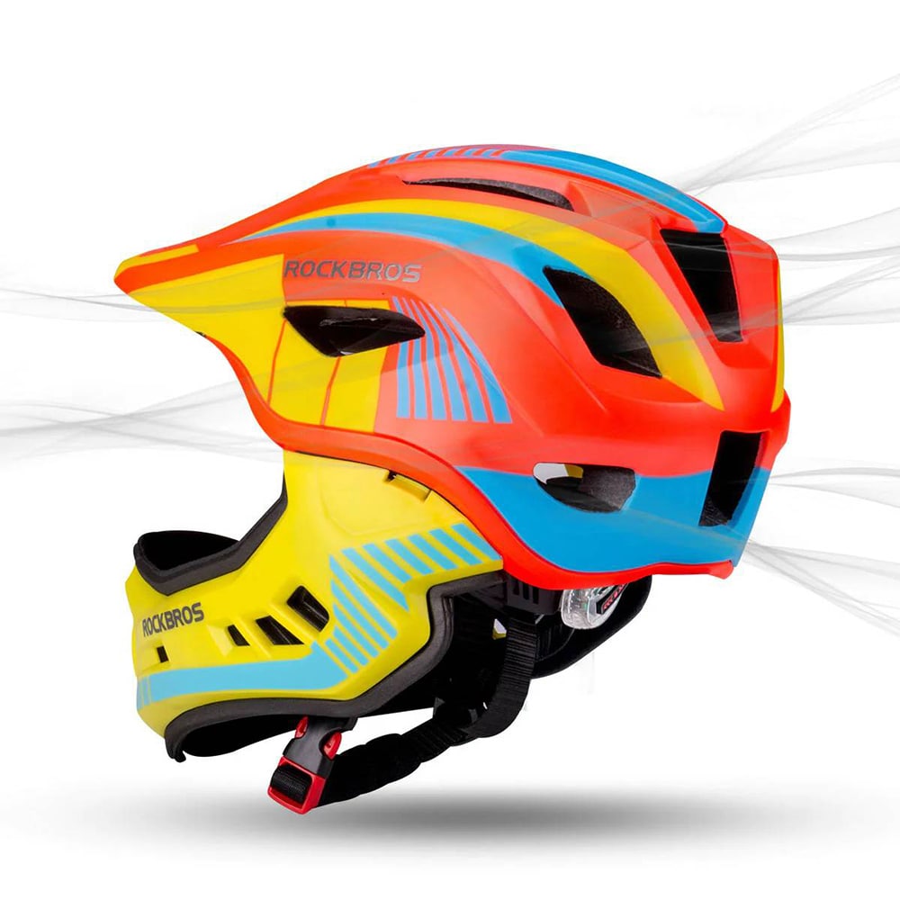 Rockbros TT-32SOYB-M barnesykkelhjelm med avtakbart hakestykke, størrelse M - gul-oransje