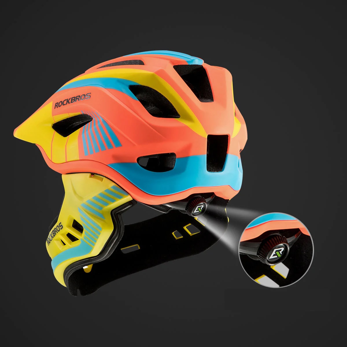 Rockbros TT-32SOYB-M barnesykkelhjelm med avtakbart hakestykke, størrelse M - gul-oransje