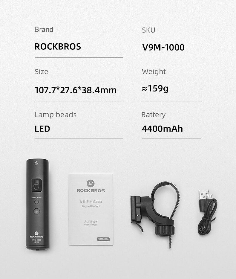 Rockbros V9M-1000 frontlykt for sykkel 1000lm - svart
