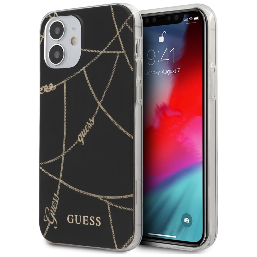 Guess GUHCP12SPCUCHBK iPhone 12 mini 5,4" svart/svart hårda fodral Gold Chain Collection